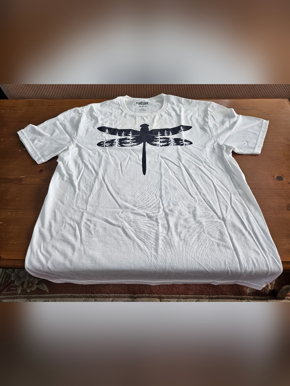 Pike's Tee. Men’s White Crewneck T-Shirt with Dragonfly Graphic. Size LARGE.